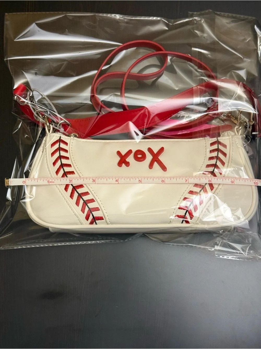 Betsey Johnson White/Red baseball/softball shoulder/crossbody. hotdog charm NWT
